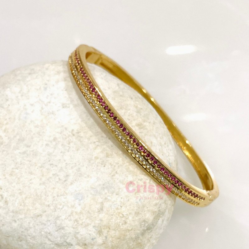 Women's Anti-Tarnish Stainless Steel Bangle with Clear and Pink Gemstone Stripes