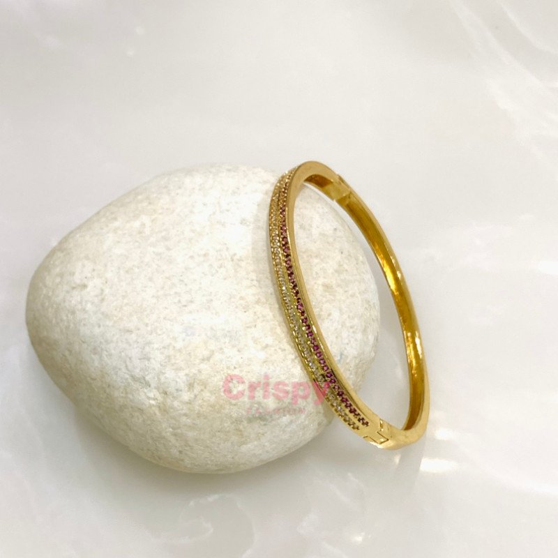 Women's Anti-Tarnish Stainless Steel Bangle with Clear and Pink Gemstone Stripes