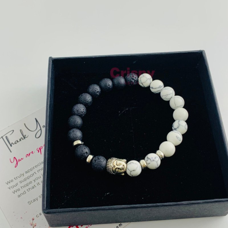 Unisex Lava Stone and Howlite Beaded Bracelet with Buddha Charm