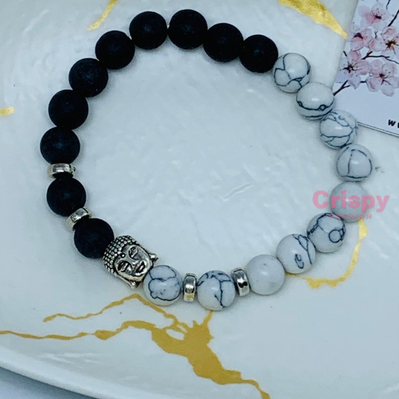 Unisex Lava Stone and Howlite Beaded Bracelet with Buddha Charm
