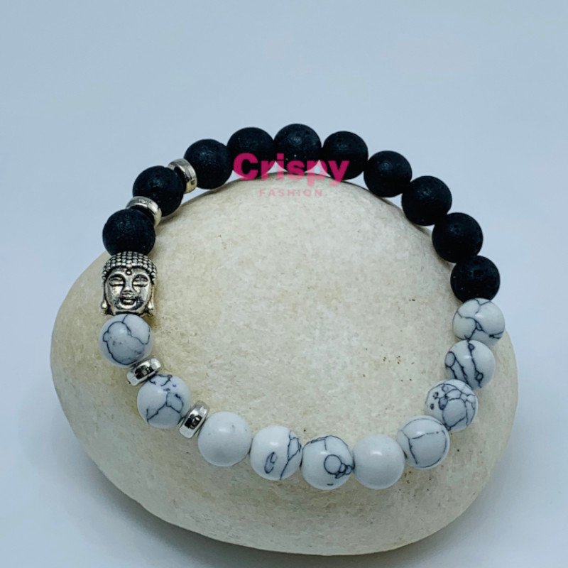 Unisex Lava Stone and Howlite Beaded Bracelet with Buddha Charm