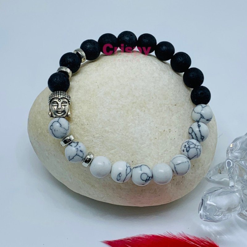 Unisex Lava Stone and Howlite Beaded Bracelet with Buddha Charm