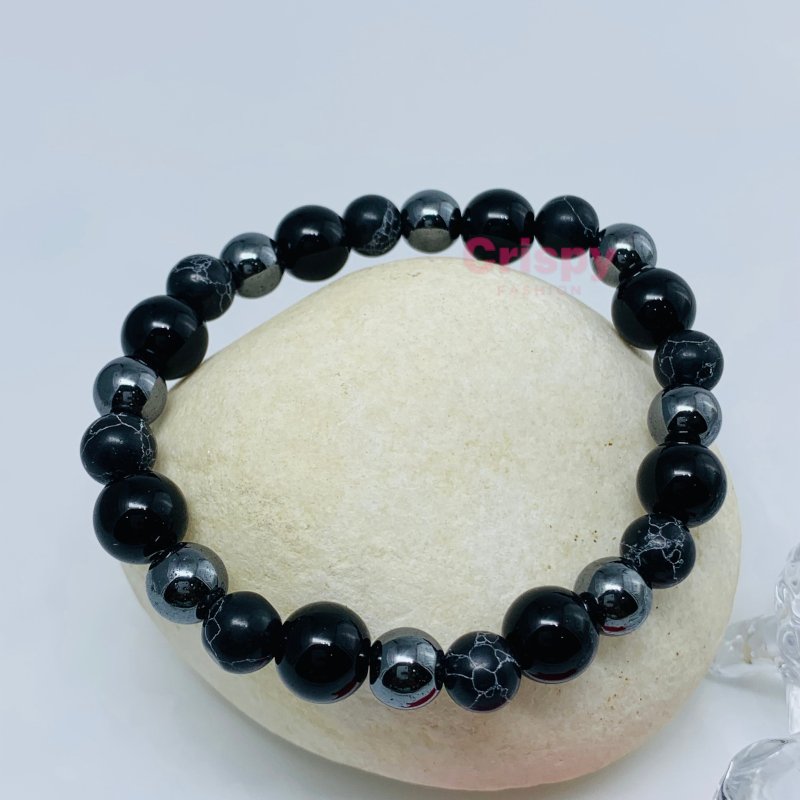Unisex Black and Grey Patterned Stone Beaded Bracelet