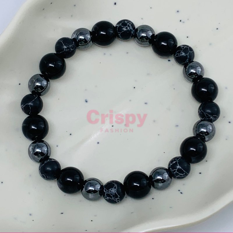 Unisex Black and Grey Patterned Stone Beaded Bracelet