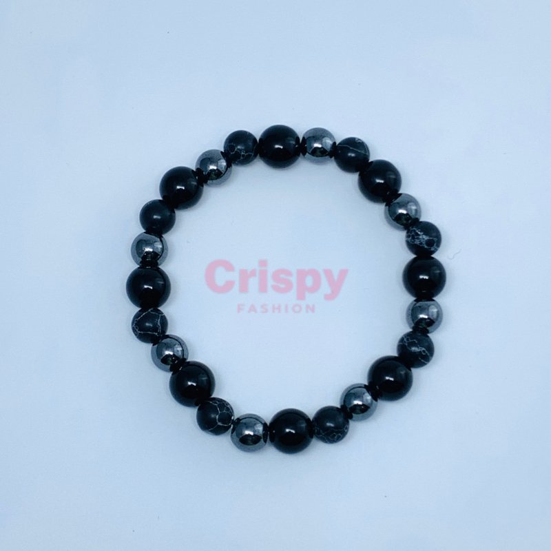 Unisex Black and Grey Patterned Stone Beaded Bracelet