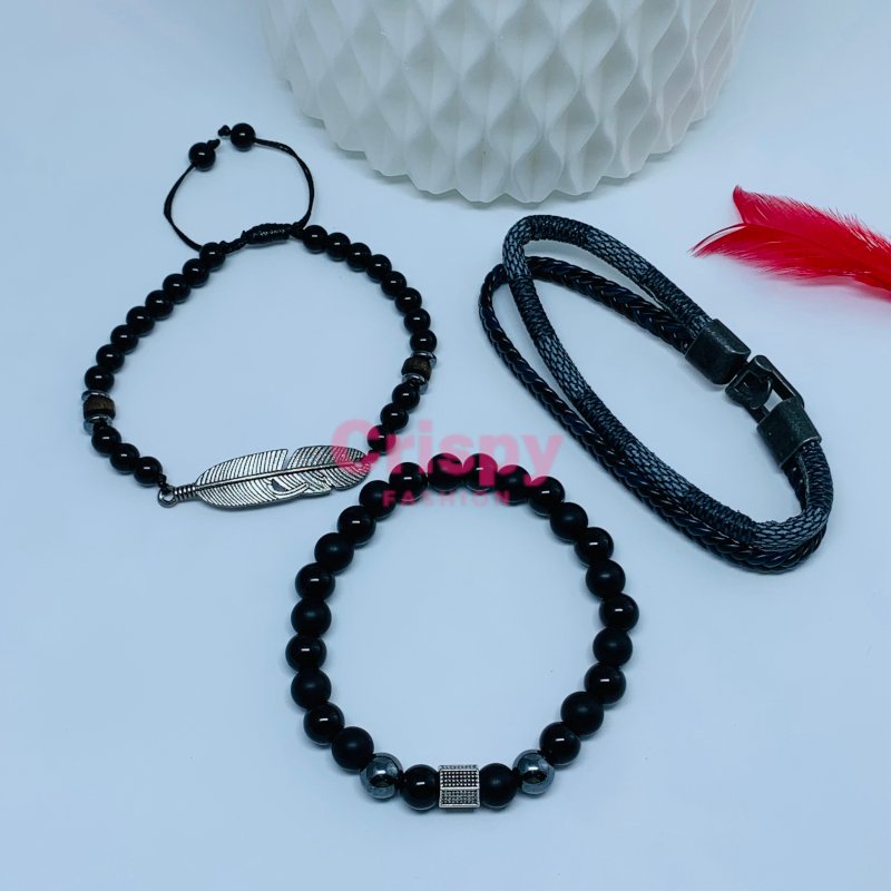Unisex Black Stone and Braided Bracelet Set (Set of Three)