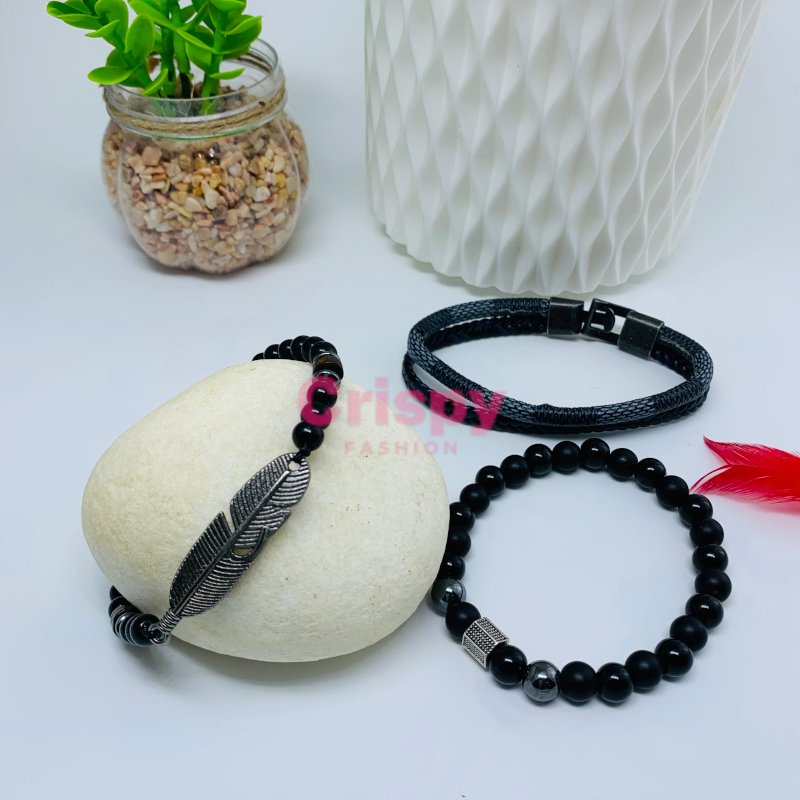 Unisex Black Stone and Braided Bracelet Set (Set of Three)