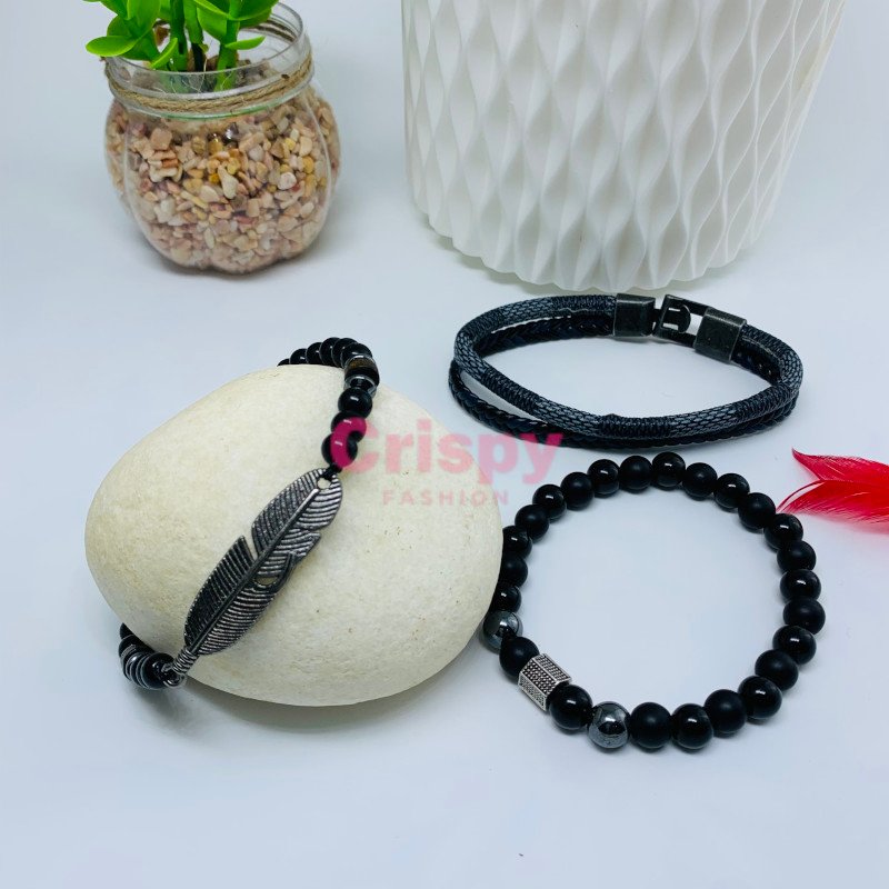 Unisex Black Stone and Braided Bracelet Set (Set of Three)