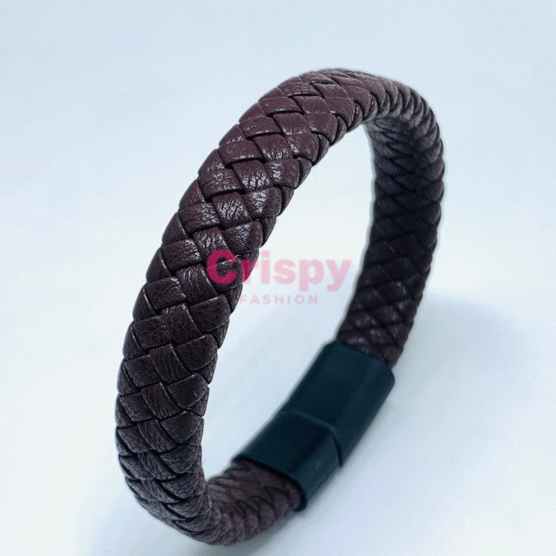 A two-tone black and brown braided bracelet with a sleek black magnetic clasp.