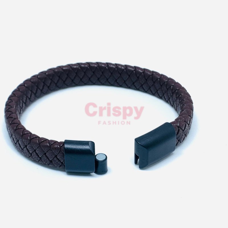 A two-tone black and brown braided bracelet with a sleek black magnetic clasp.