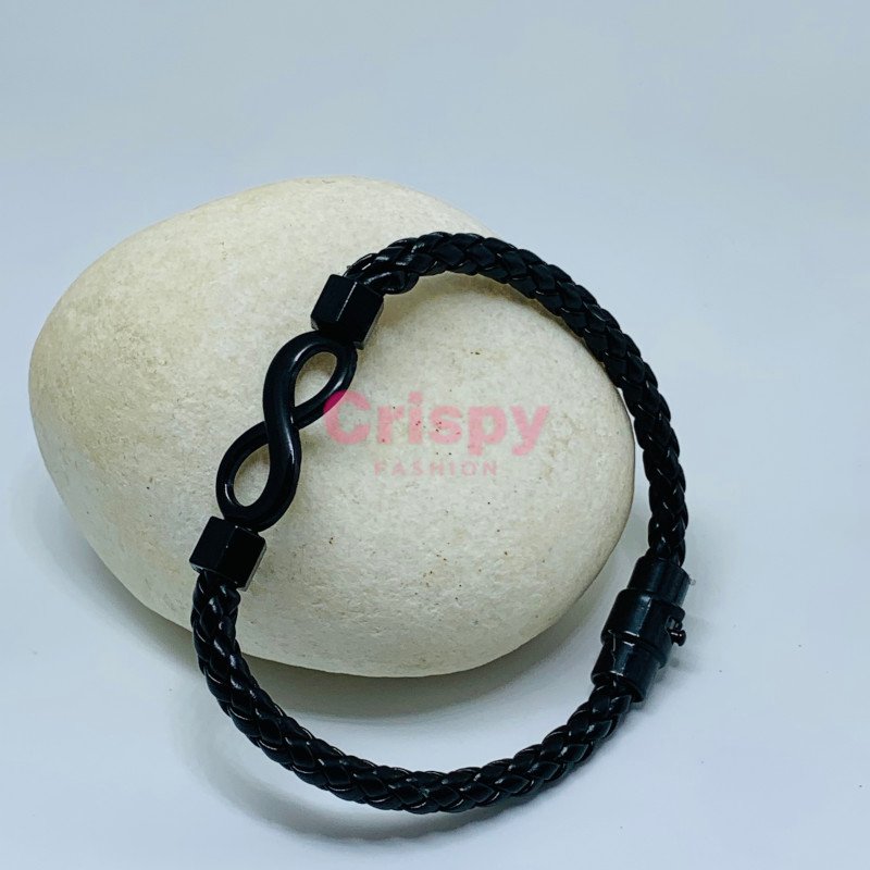 Unisex Infinity Symbol Black Leatherette Bracelet with Silver-Toned Accent