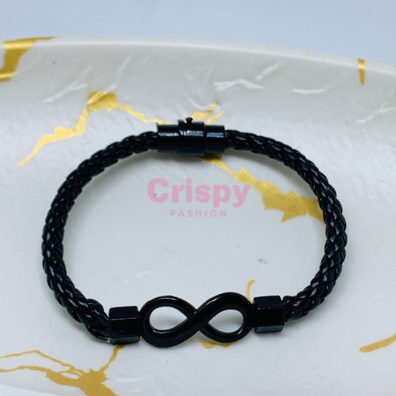Unisex Infinity Symbol Black Leatherette Bracelet with Silver-Toned Accent