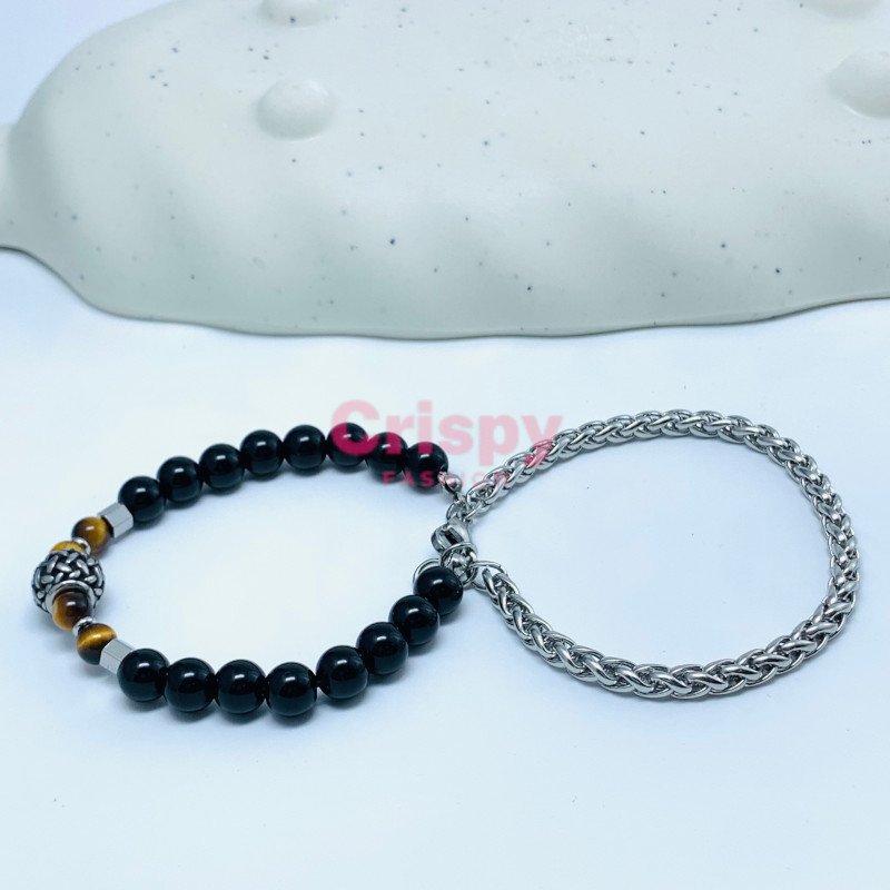 Tiger's Eye Stone Beaded Bracelet with Stainless Steel Chain Bracelet Set (Set of 2)