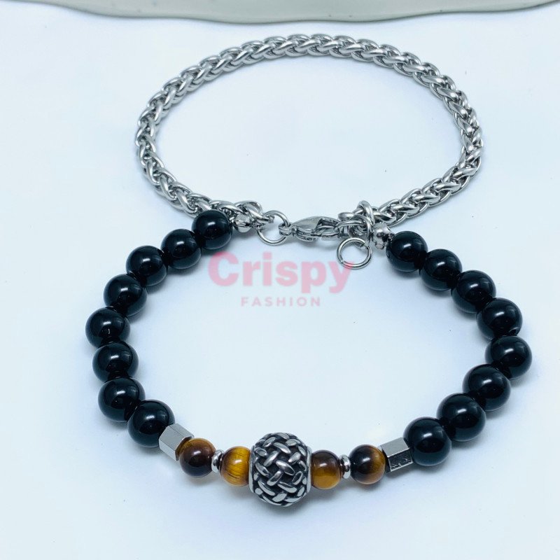 Tiger's Eye Stone Beaded Bracelet with Stainless Steel Chain Bracelet Set (Set of 2)
