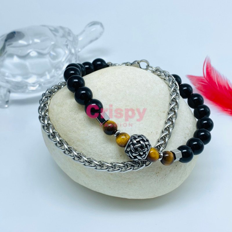 Tiger's Eye Stone Beaded Bracelet with Stainless Steel Chain Bracelet Set (Set of 2)