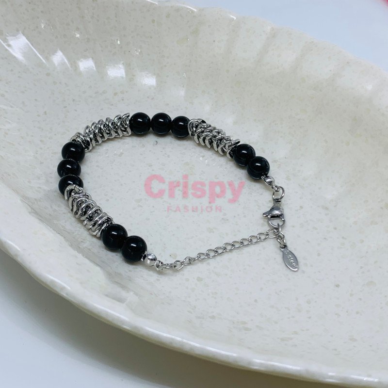 Black Stone Beaded Bracelet with Silver-Toned Chain Accents