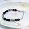 Black Stone Beaded Bracelet with Silver-Toned Chain Accents