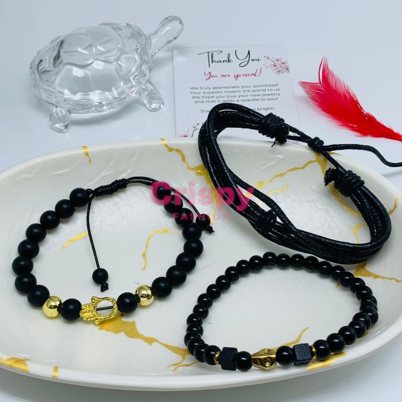 Black Stone Beaded Bracelet Set with Charms (Set of Three)