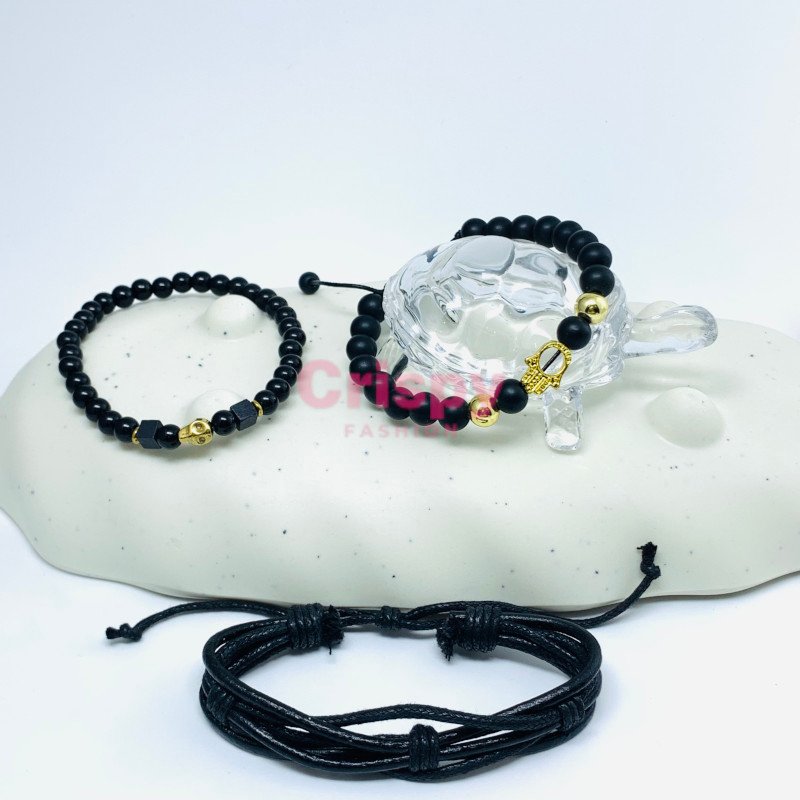 Black Stone Beaded Bracelet Set with Charms (Set of Three)