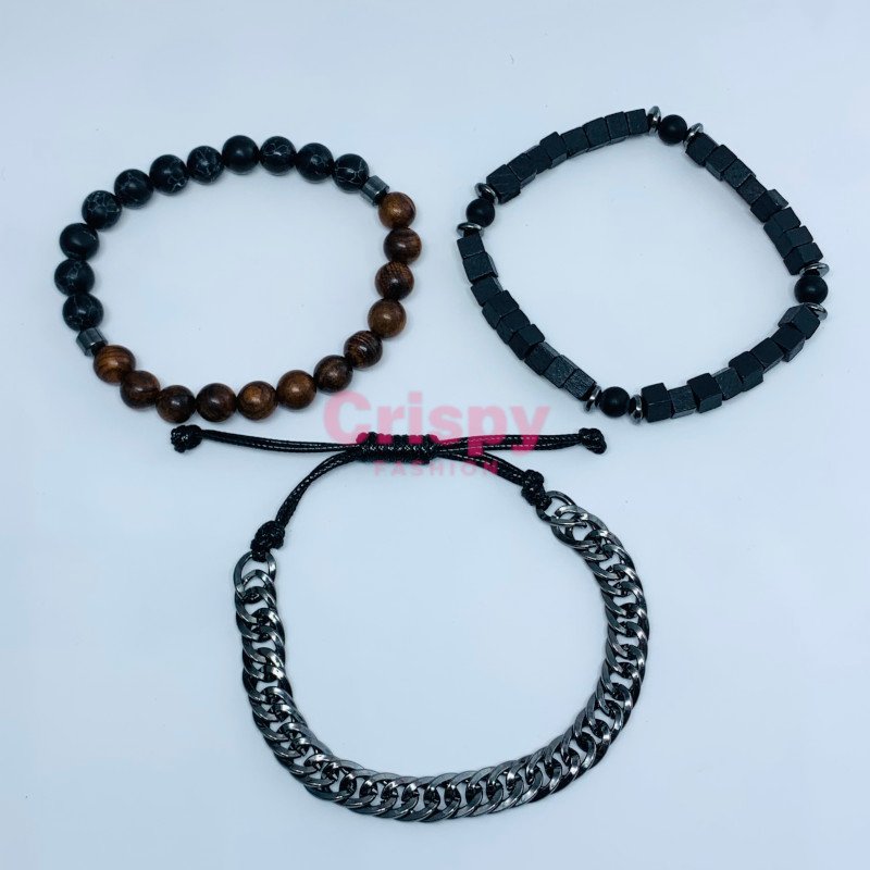 Black Stone Beaded Bracelet Set with Charms (Set of Three)