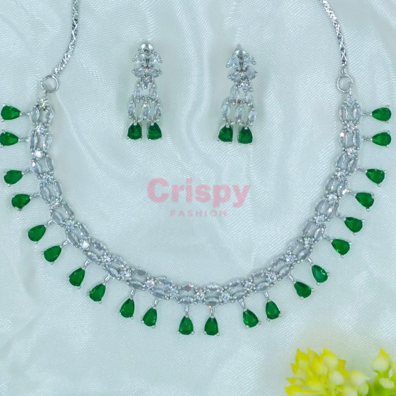 Elegant American Diamond and Emerald Green Stone Necklace and Earring Set