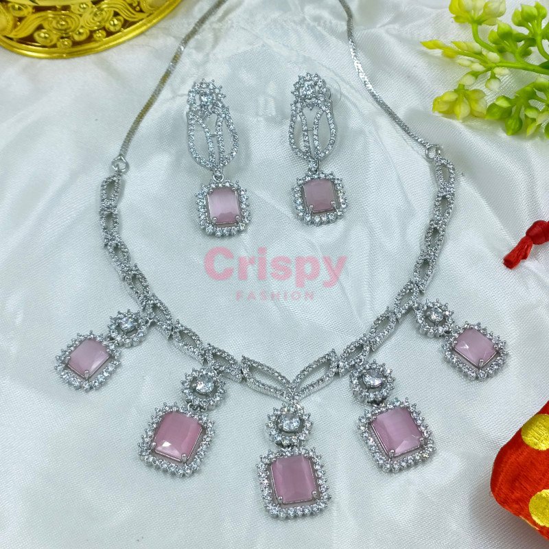 Elegant American Diamond and Pink Stone Necklace and Earring Set