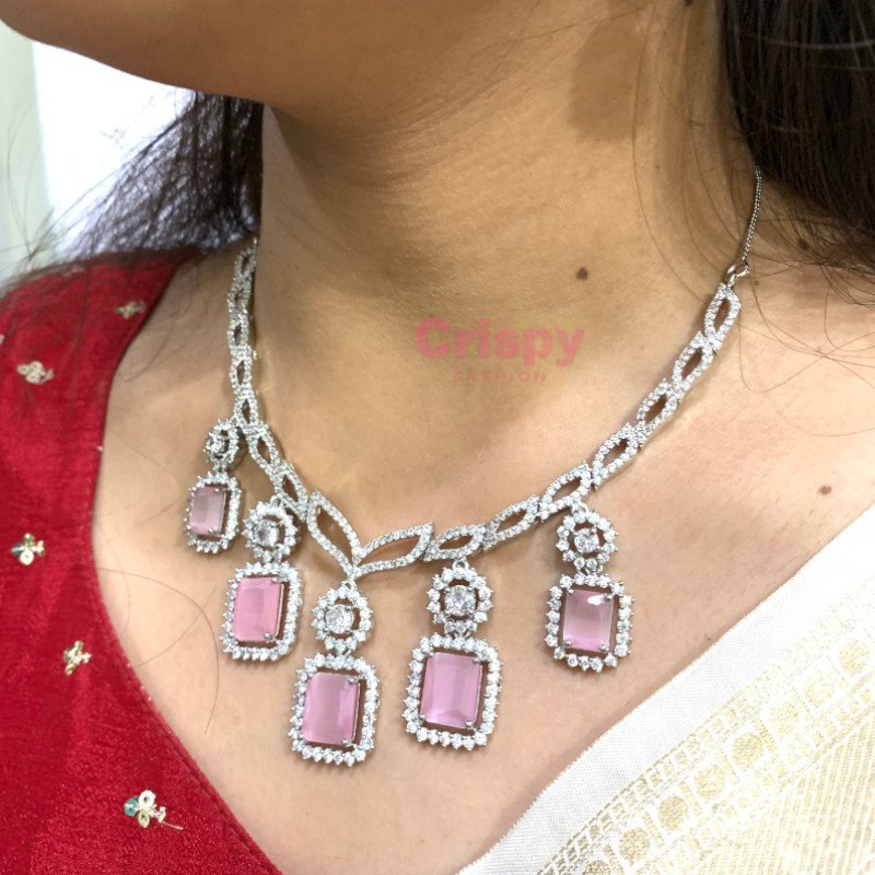 Elegant American Diamond and Pink Stone Necklace and Earring Set