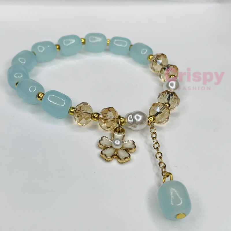 Aqua & Golden Beaded Bracelet with Flower Charm and Pearl for Women