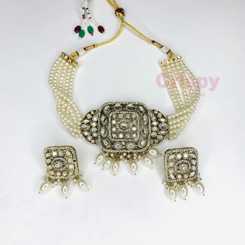 Antique Polished Pearl & Kundan Choker Set with Earrings