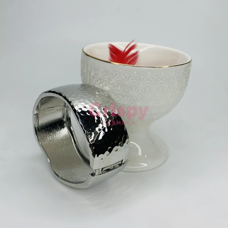 Silver Polished Hammered Cuff Bracelet For Women