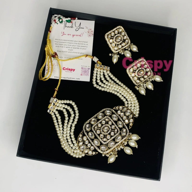 Antique Polished Pearl & Kundan Choker Set with Earrings