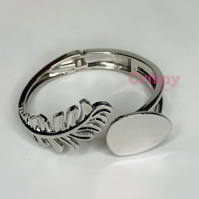 Silver Polished Leaf Motif Cuff Bracelet For Women