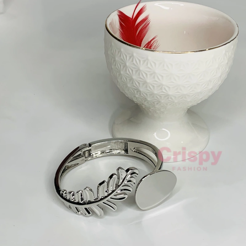 Silver Polished Leaf Motif Cuff Bracelet For Women