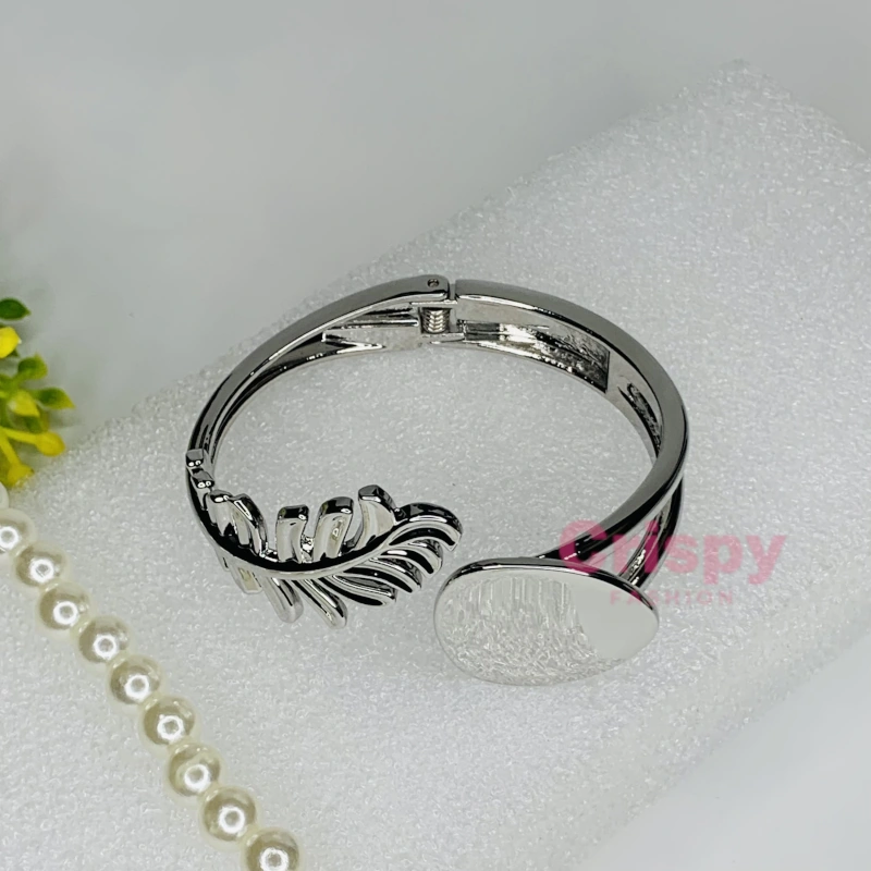 Silver Polished Leaf Motif Cuff Bracelet For Women
