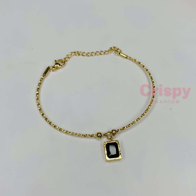 Golden Polished Chain Bracelet with Black Rectangular Charm For Women