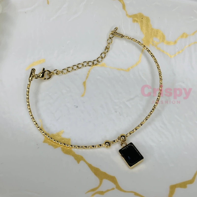 Golden Polished Chain Bracelet with Black Rectangular Charm For Women
