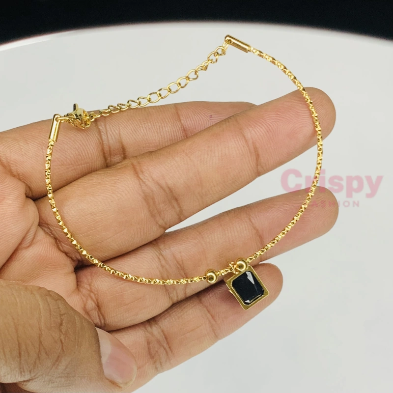 Golden Polished Chain Bracelet with Black Rectangular Charm For Women
