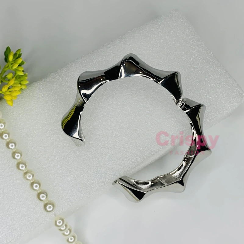 Silver Polished Spiky Cuff Bracelet For Women