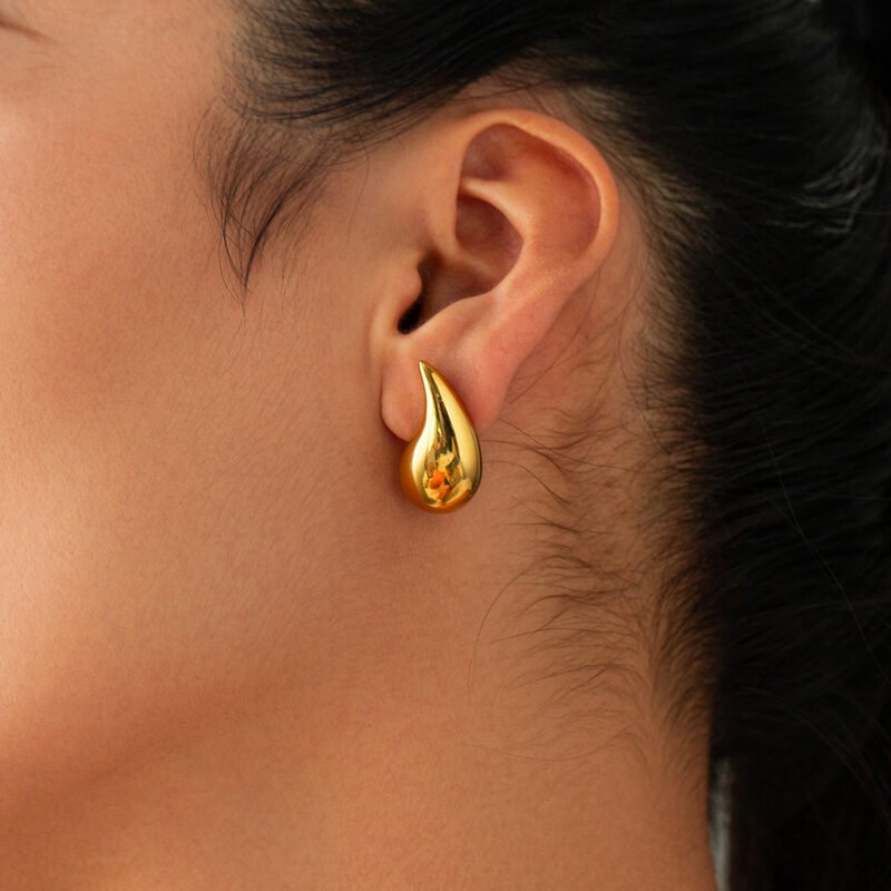 Golden Polished Modern Teardrop Stud Earrings