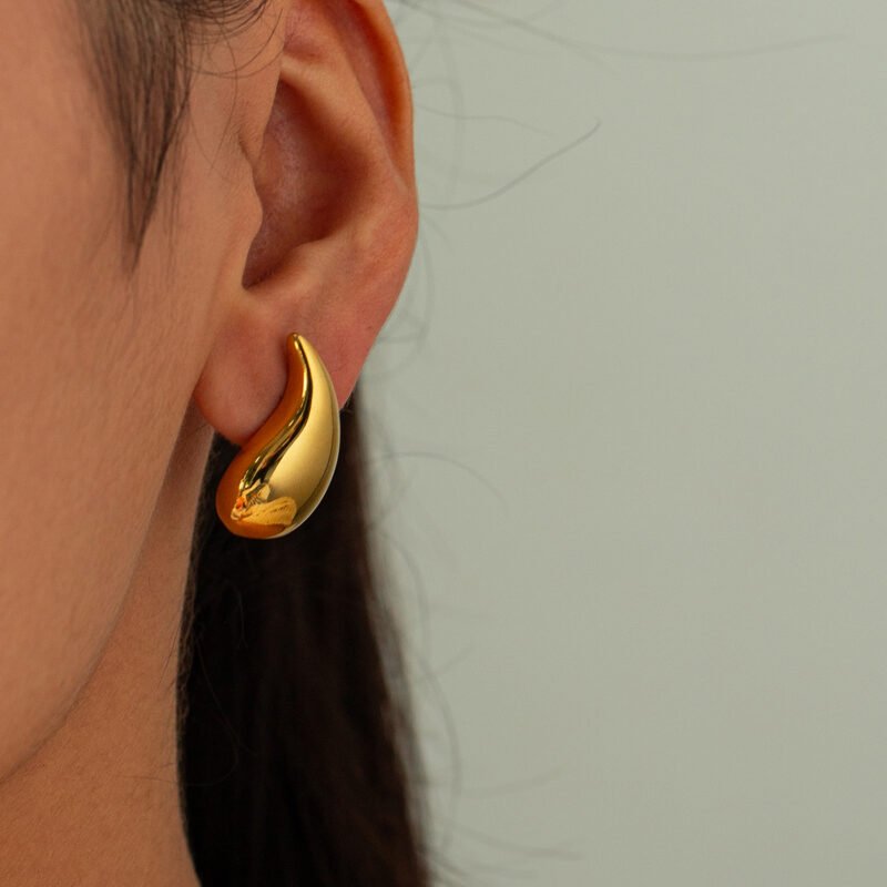 Golden Polished Modern Teardrop Stud Earrings