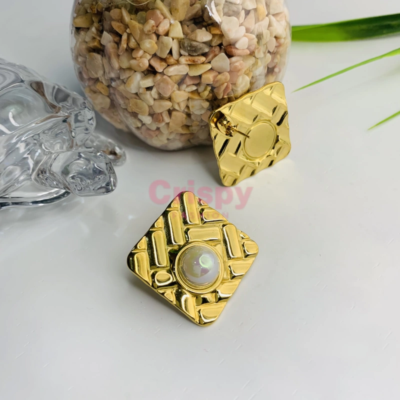 Golden Polished Square Stud Earrings with Pearl Center