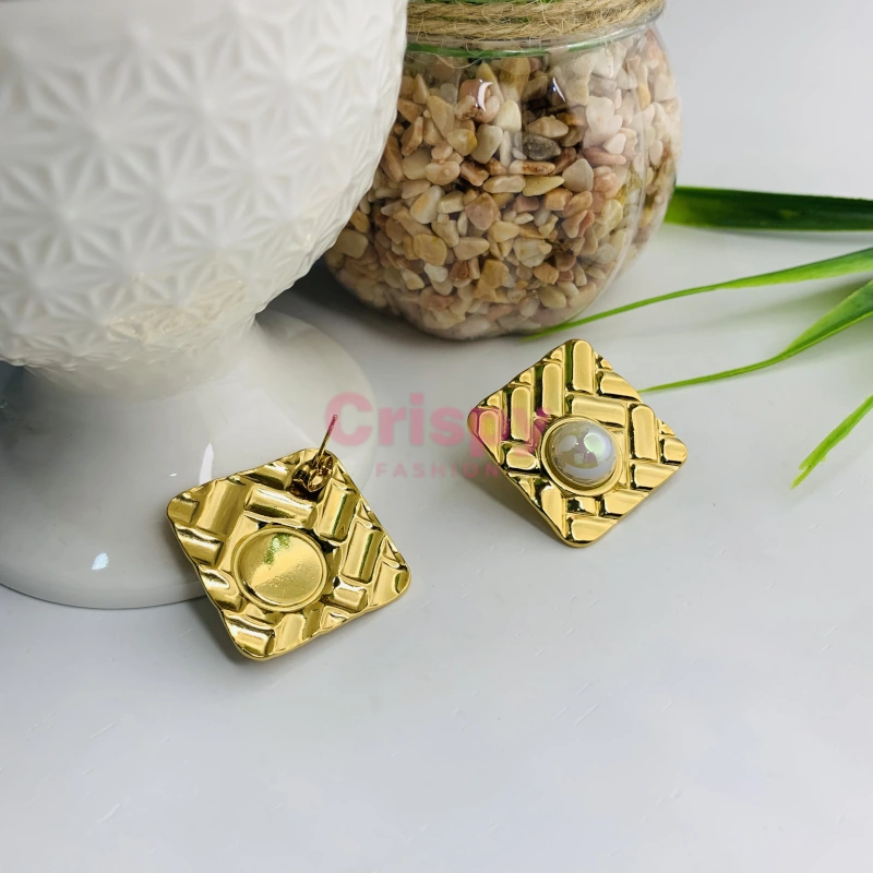 Golden Polished Square Stud Earrings with Pearl Center
