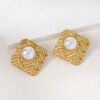 Golden Polished Square Stud Earrings with Pearl Center