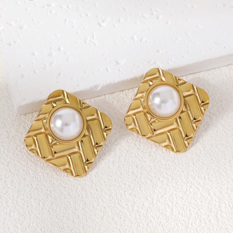 Golden Polished Square Stud Earrings with Pearl Center