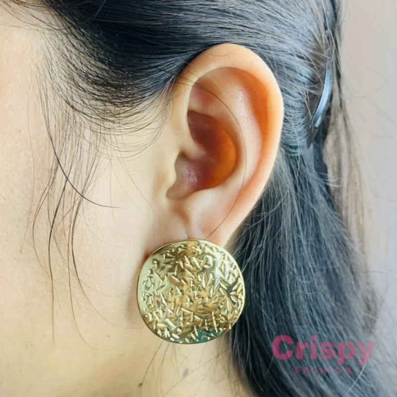Golden Polished Textured Round Stud Earrings