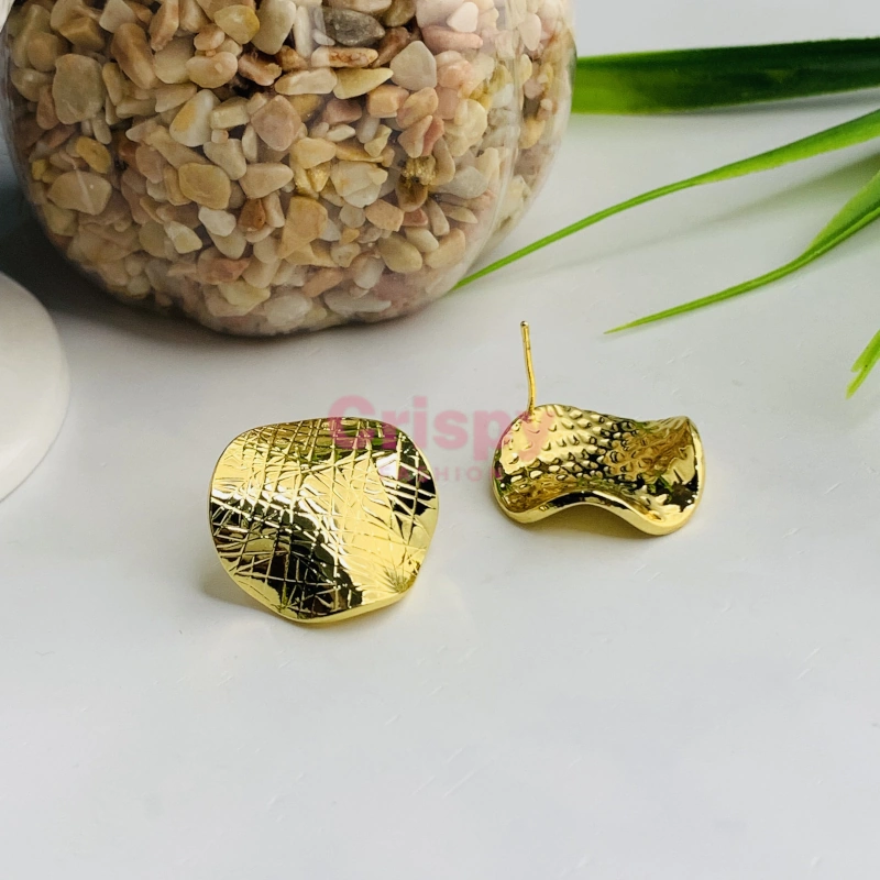 Golden Polished Textured Round Stud Earrings