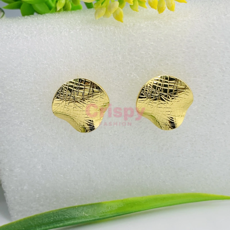 Golden Polished Textured Round Stud Earrings