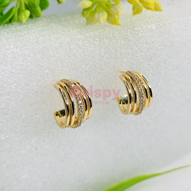 Golden Polished Multi-Band Half-Hoop Stud Earrings with Stones