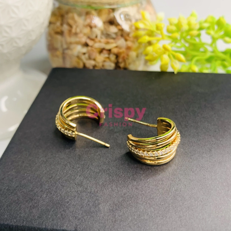Golden Polished Multi-Band Half-Hoop Stud Earrings with Stones