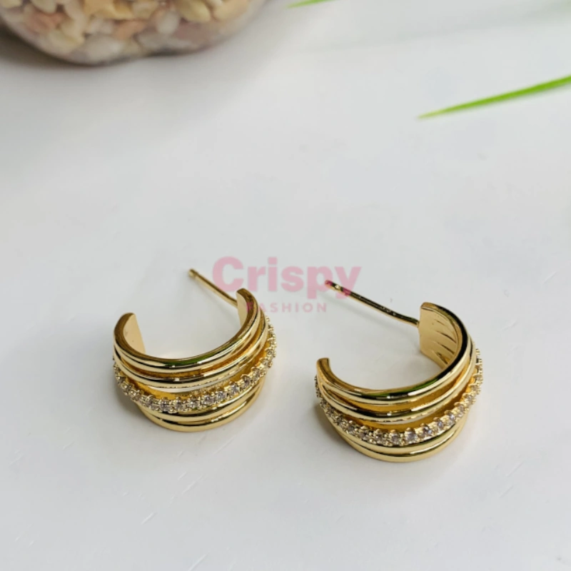Golden Polished Multi-Band Half-Hoop Stud Earrings with Stones